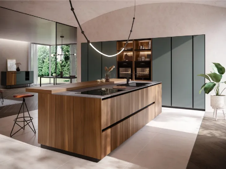 Cucina Design con isola Ménta in bilaminato Legno Noce Cordesco di Miton